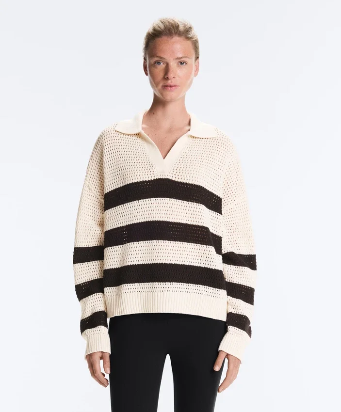 100% Cotton Striped Open Knit Long-Sleeve Polo Shirt 100% Cotton Striped Open Knit Long-Sleeve Polo Shirt
