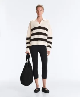 100% Cotton Striped Open Knit Long-Sleeve Polo Shirt