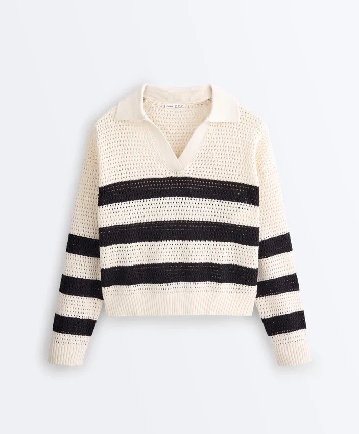 100% Cotton Striped Open Knit Long-Sleeve Polo Shirt 100% Cotton Striped Open Knit Long-Sleeve Polo Shirt