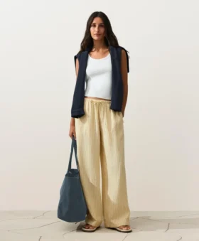 100% Linen Straight-Leg Print Stripe Trousers