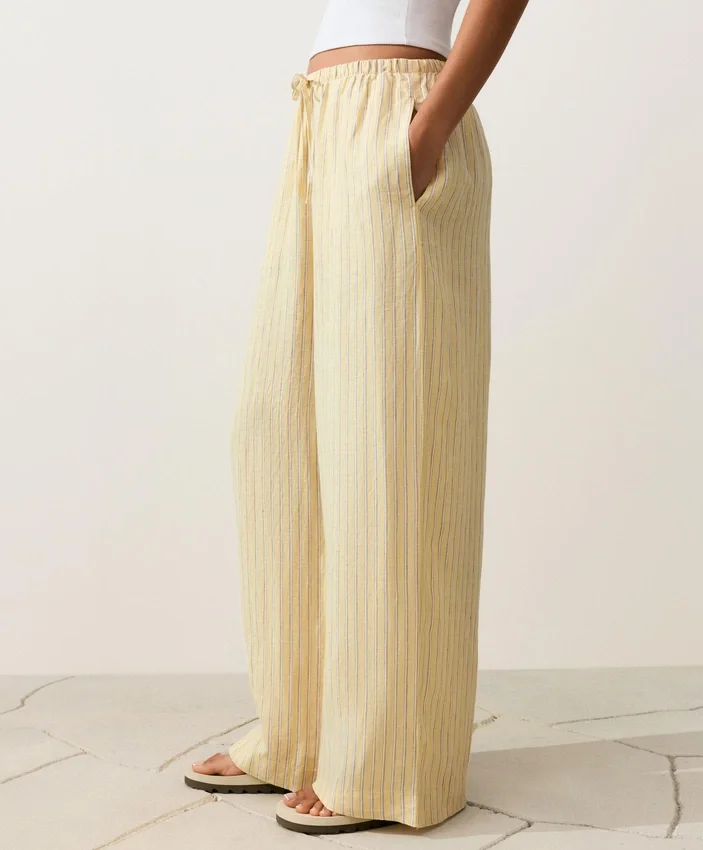 100% Linen Straight-Leg Print Stripe Trousers 100% Linen Straight-Leg Print Stripe Trousers