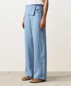 100% Linen Straight-Leg Trousers with Turn-Up Waist