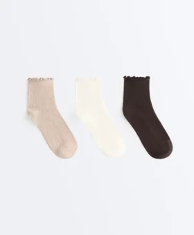 3 Pairs of Cotton Blend Quarter Socks with Curled Edge