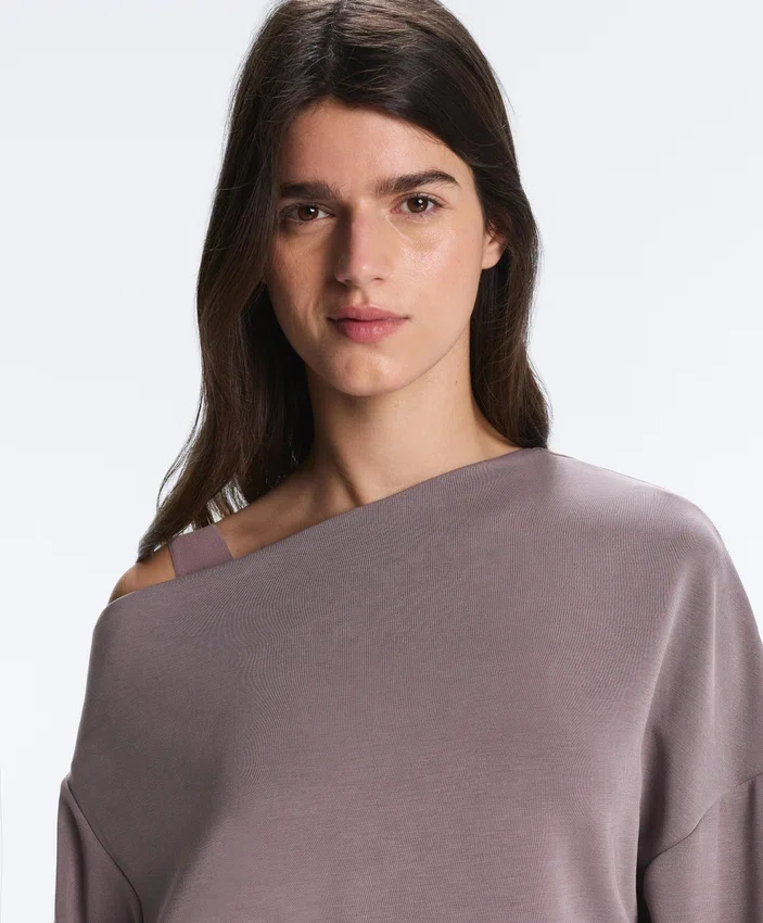 Asymmetric Neck Sweatshirt with Adjustable Waist and Soft-Touch Modal Asymmetric Neck Sweatshirt with Adjustable Waist and Soft-Touch Modal