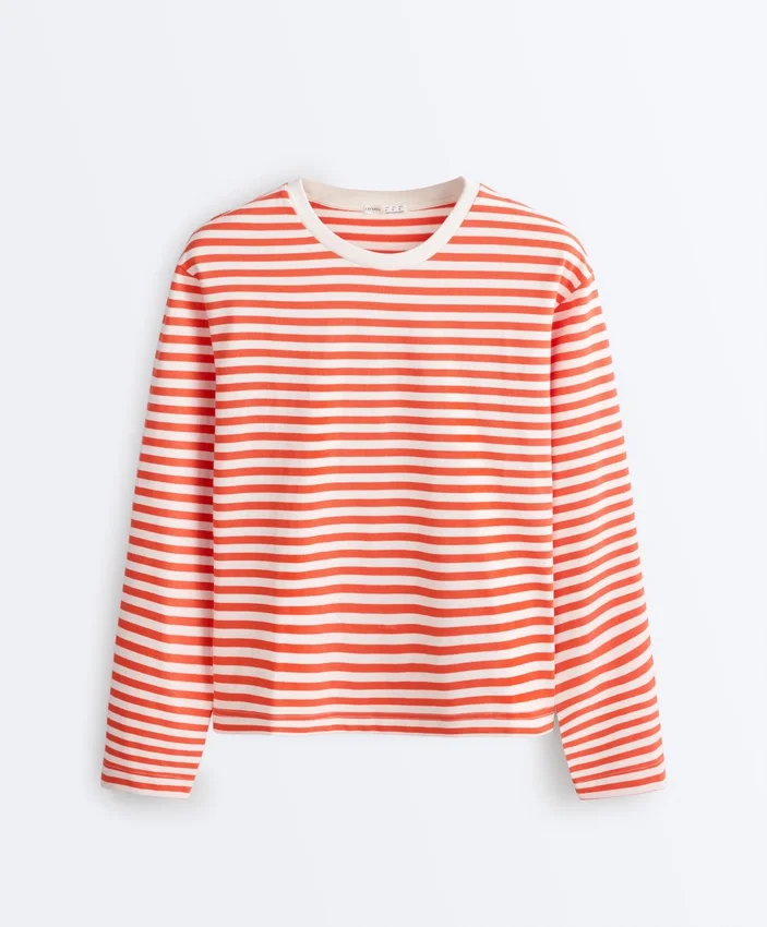 Boxy Long-Sleeved Stripe 100% Cotton T-Shirt Boxy Long-Sleeved Stripe 100% Cotton T-Shirt