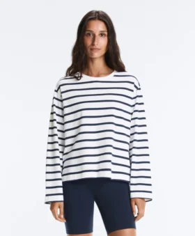 Boxy Oversize Striped Cotton Blend Long Sleeve T-Shirt