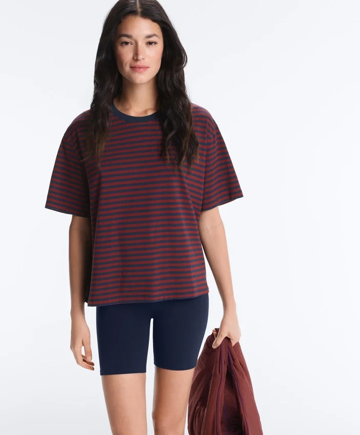 Boxy Short Sleeve Striped Cotton Blend T-Shirt Boxy Short Sleeve Striped Cotton Blend T-Shirt