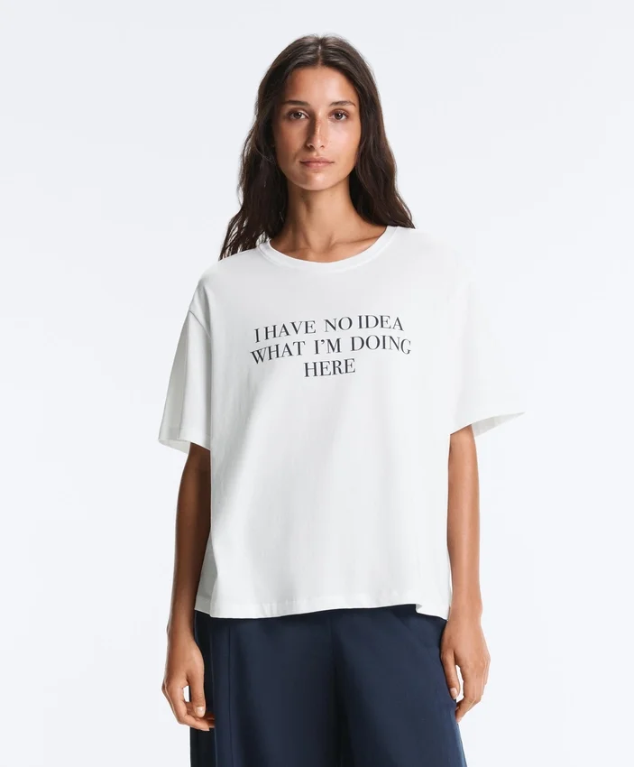 Boxy Short-Sleeved Cotton Blend T-Shirt with Slogan Boxy Short-Sleeved Cotton Blend T-Shirt with Slogan