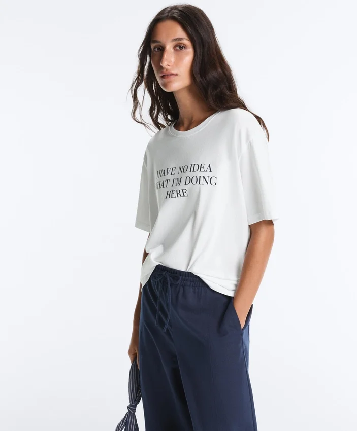 Boxy Short-Sleeved Cotton Blend T-Shirt with Slogan Boxy Short-Sleeved Cotton Blend T-Shirt with Slogan