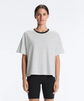 Boxy Short-Sleeved Striped Cotton Blend T-Shirt