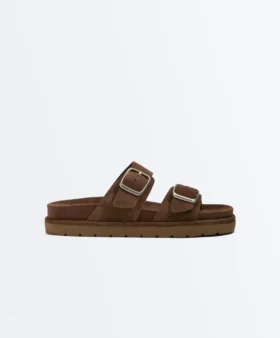 Buckle Split-Leather Platform Sandals
