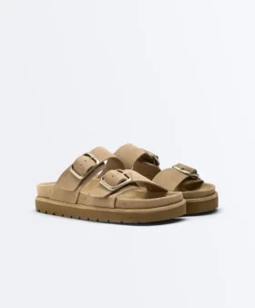 Buckle Split-Leather Platform Sandals