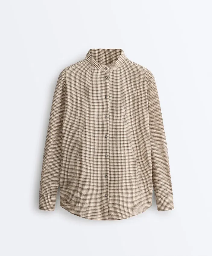 Checked Cotton Blend Stand-Up Collar Shirt Checked Cotton Blend Stand-Up Collar Shirt