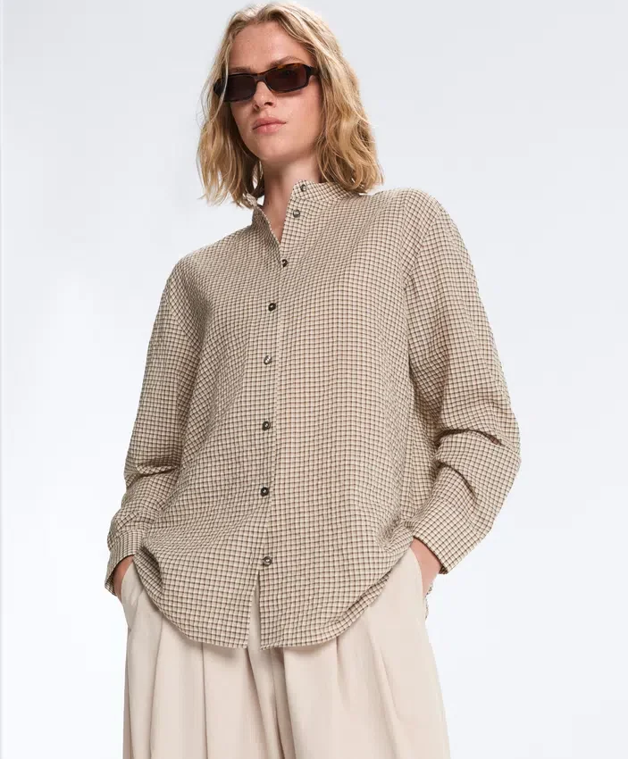 Checked Cotton Blend Stand-Up Collar Shirt Checked Cotton Blend Stand-Up Collar Shirt