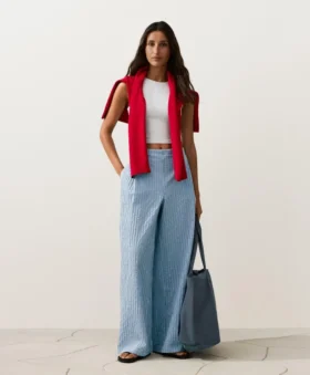 Cotton Blend Striped Straight-Leg Trousers