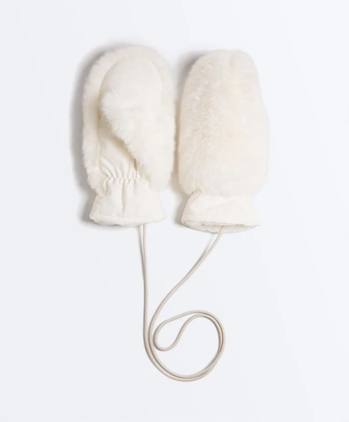 Faux Fur Mittens with Cord Faux Fur Mittens with Cord