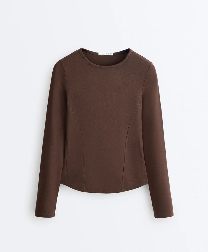 Fitted Long Sleeve Rib T-Shirt with Cotton and Modal Fitted Long Sleeve Rib T-Shirt with Cotton and Modal