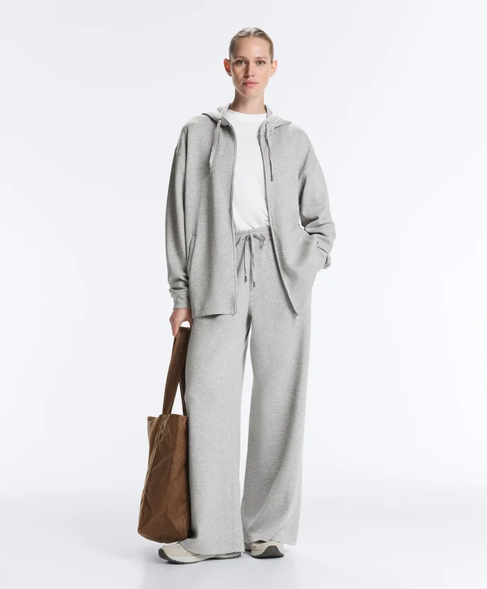 Long Melange Piqué Hooded Jacket Long Melange Piqué Hooded Jacket