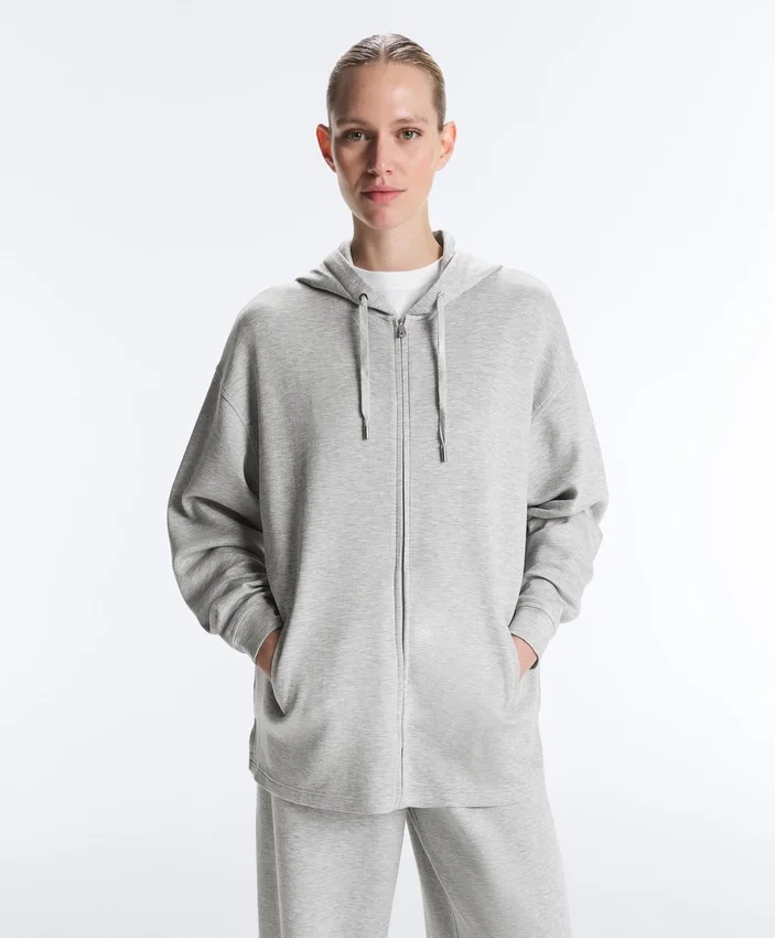 Long Melange Piqué Hooded Jacket Long Melange Piqué Hooded Jacket