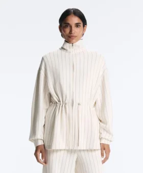 Long Pinstripe Jacket with Adjustable Waist and Soft-Touch Modal