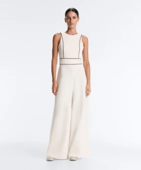 Long Piping Piqué Jumpsuit with Cotton