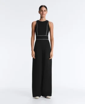 Long Piping Piqué Jumpsuit with Cotton