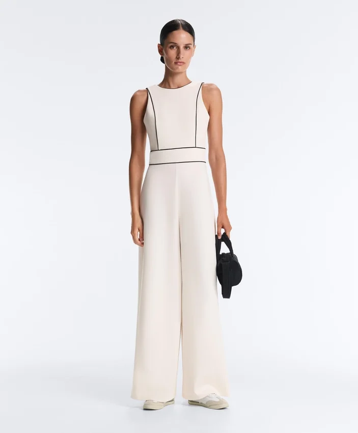Long Piping Piqué Jumpsuit with Cotton Long Piping Piqué Jumpsuit with Cotton