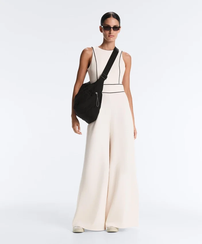Long Piping Piqué Jumpsuit with Cotton Long Piping Piqué Jumpsuit with Cotton