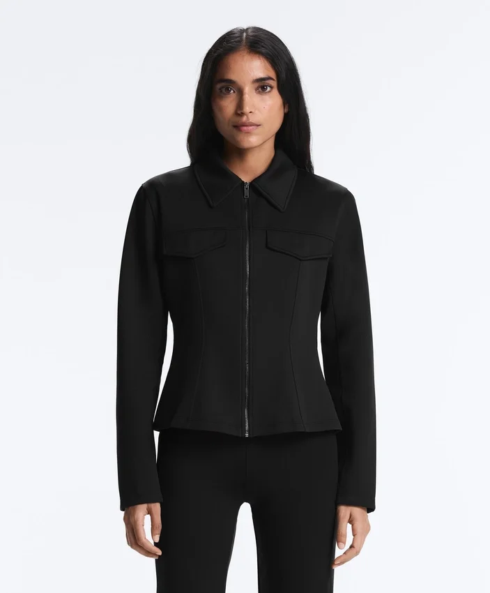 Neoprene-Effect Peplum Jacket with Ribbing Neoprene-Effect Peplum Jacket with Ribbing