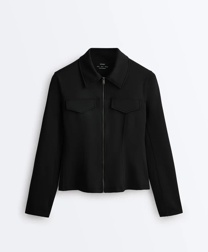 Neoprene-Effect Peplum Jacket with Ribbing Neoprene-Effect Peplum Jacket with Ribbing