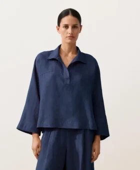 Oversize Long-Sleeve 100% Linen Polo Shirt