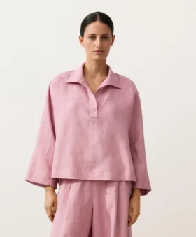Oversize Long-Sleeve 100% Linen Polo Shirt