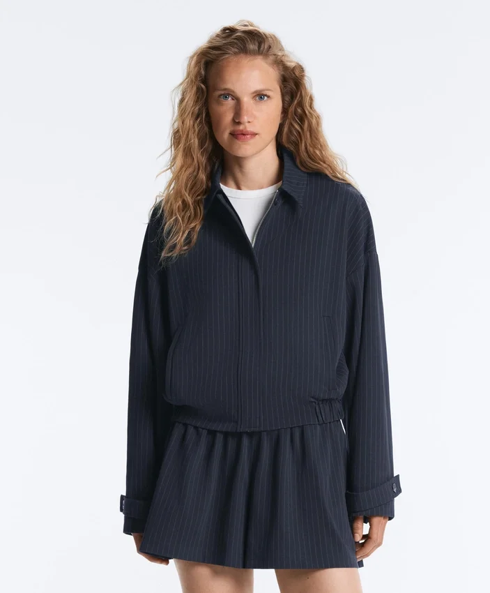 Pinstripe Piqué Polo Neck Jacket with Cotton Pinstripe Piqué Polo Neck Jacket with Cotton