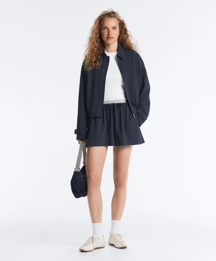 Pinstripe Piqué Polo Neck Jacket with Cotton Pinstripe Piqué Polo Neck Jacket with Cotton