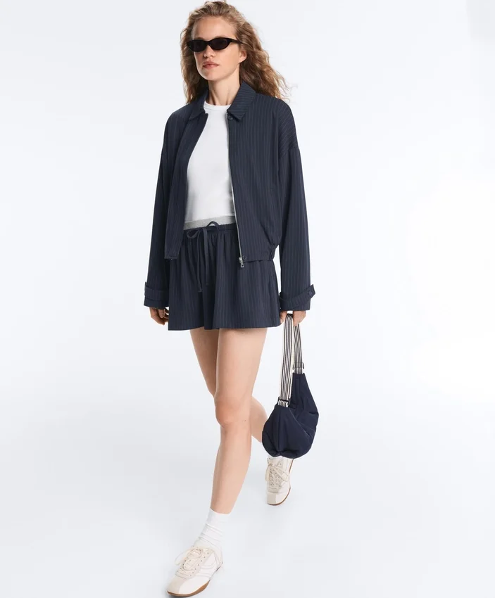 Pinstripe Piqué Polo Neck Jacket with Cotton Pinstripe Piqué Polo Neck Jacket with Cotton