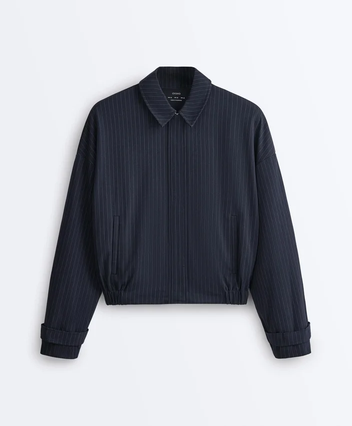 Pinstripe Piqué Polo Neck Jacket with Cotton Pinstripe Piqué Polo Neck Jacket with Cotton