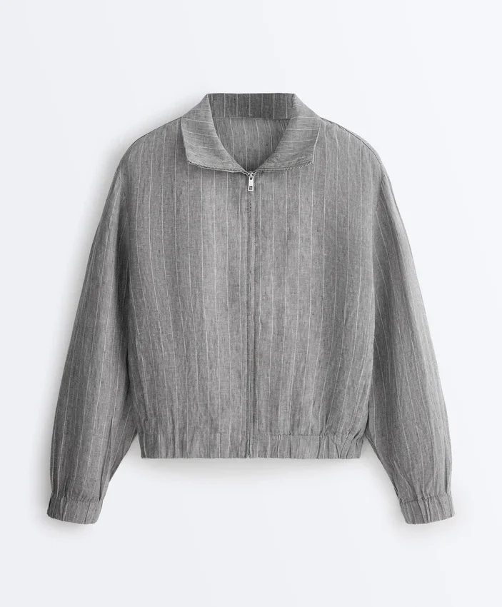 Pinstriped 100% Linen High-Neck Jacket Pinstriped 100% Linen High-Neck Jacket