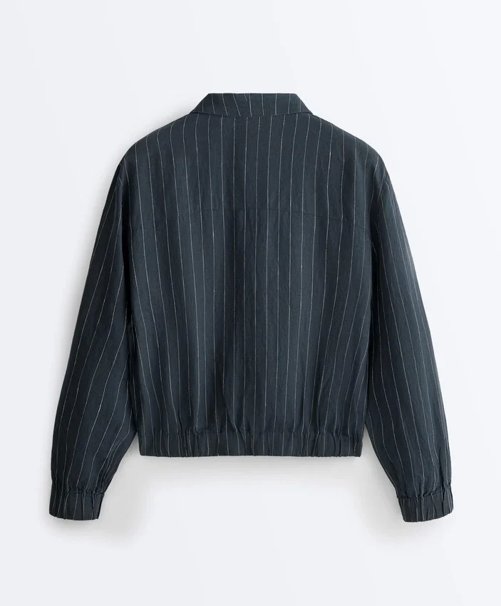 Pinstriped 100% Linen High-Neck Jacket Pinstriped 100% Linen High-Neck Jacket