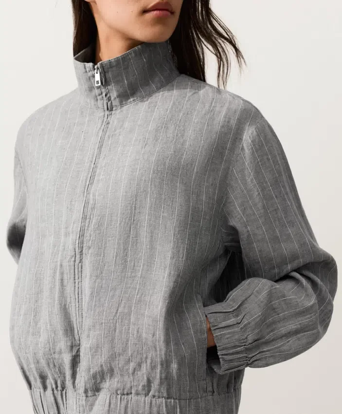 Pinstriped 100% Linen High-Neck Jacket Pinstriped 100% Linen High-Neck Jacket