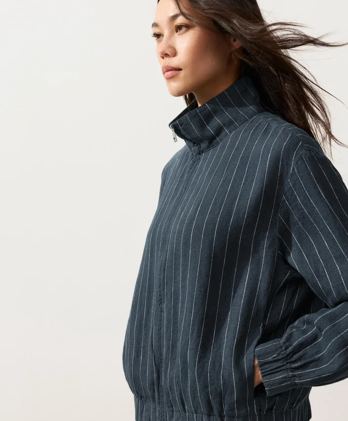 Pinstriped 100% Linen High-Neck Jacket Pinstriped 100% Linen High-Neck Jacket