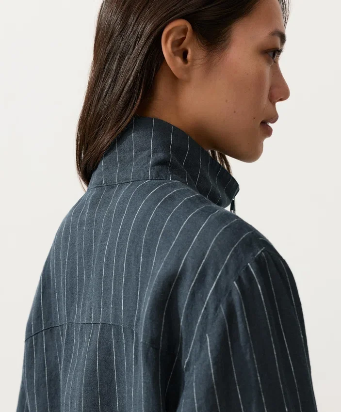 Pinstriped 100% Linen High-Neck Jacket Pinstriped 100% Linen High-Neck Jacket