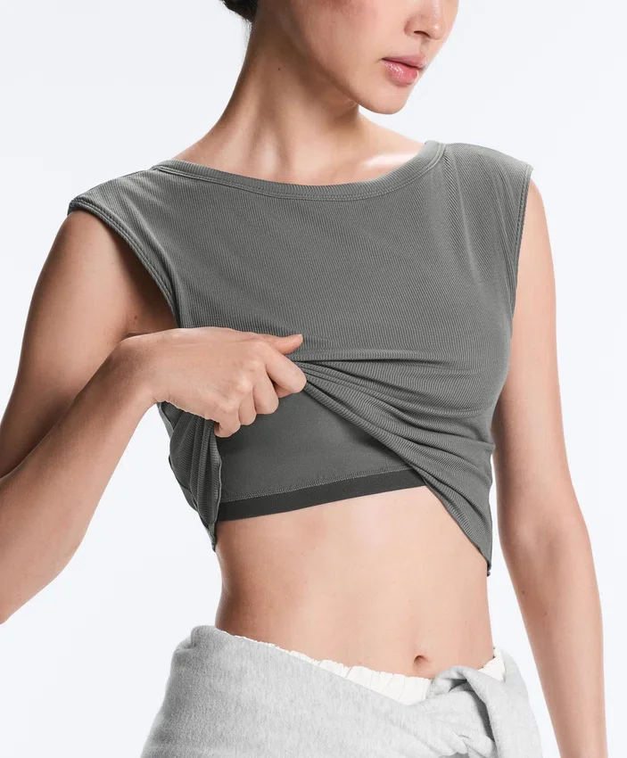 Rib Modal Blend Short Sleeve Tank Top with Curling Detail Rib Modal Blend Short Sleeve Tank Top with Curling Detail