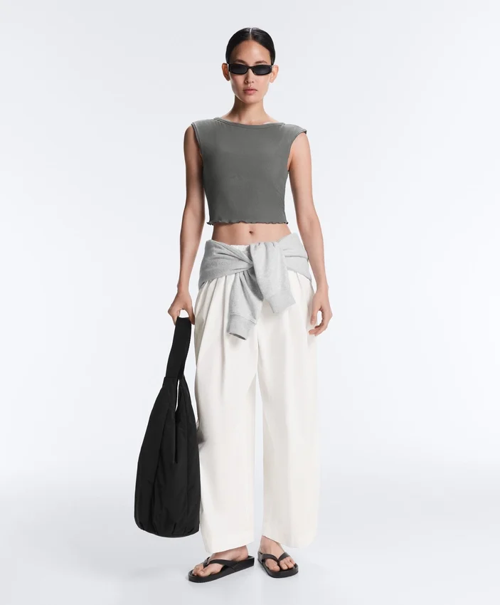 Rib Modal Blend Short Sleeve Tank Top with Curling Detail Rib Modal Blend Short Sleeve Tank Top with Curling Detail