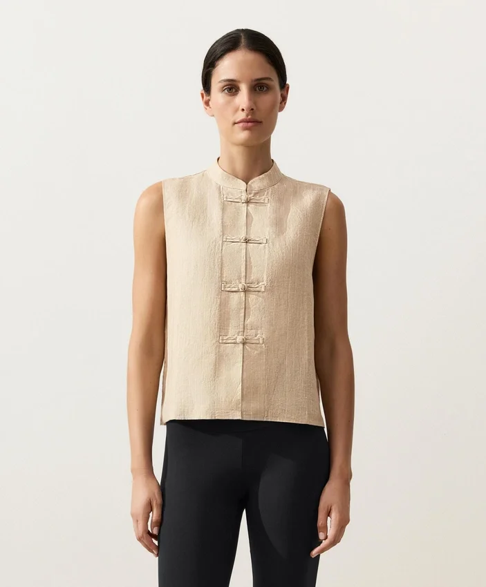 Sleeveless 100% Linen Stand-Up Collar Shirt with Buttons Sleeveless 100% Linen Stand-Up Collar Shirt with Buttons