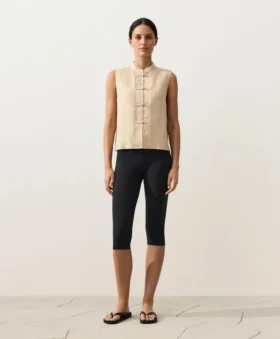 Sleeveless 100% Linen Stand-Up Collar Shirt with Buttons