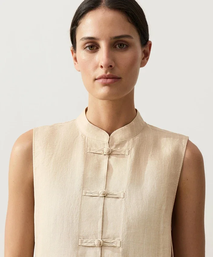 Sleeveless 100% Linen Stand-Up Collar Shirt with Buttons Sleeveless 100% Linen Stand-Up Collar Shirt with Buttons