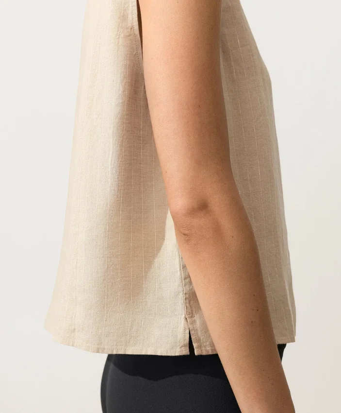 Sleeveless 100% Linen Stand-Up Collar Shirt with Buttons Sleeveless 100% Linen Stand-Up Collar Shirt with Buttons