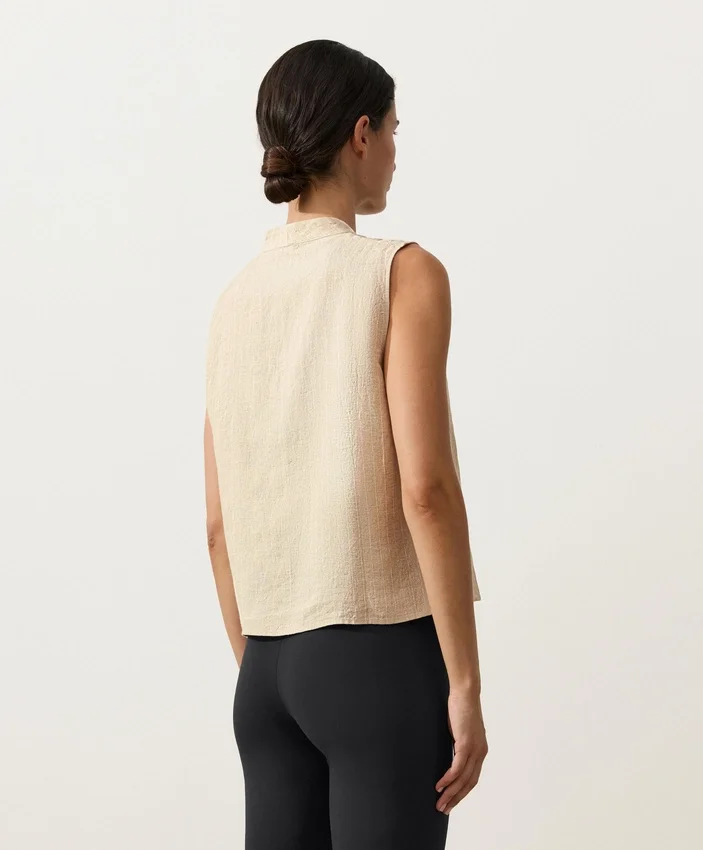Sleeveless 100% Linen Stand-Up Collar Shirt with Buttons Sleeveless 100% Linen Stand-Up Collar Shirt with Buttons