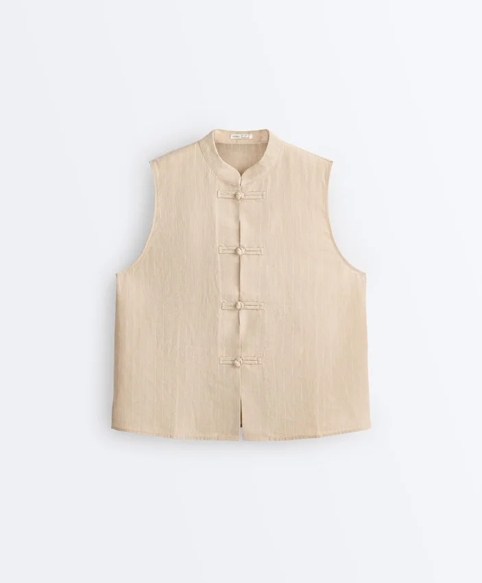 Sleeveless 100% Linen Stand-Up Collar Shirt with Buttons Sleeveless 100% Linen Stand-Up Collar Shirt with Buttons