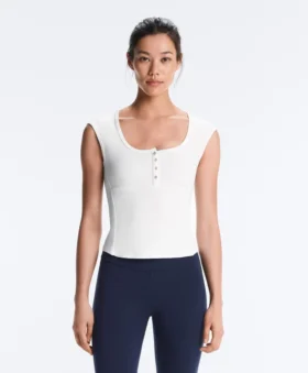 Sleeveless Rib T-Shirt with Cotton and Modal Buttons